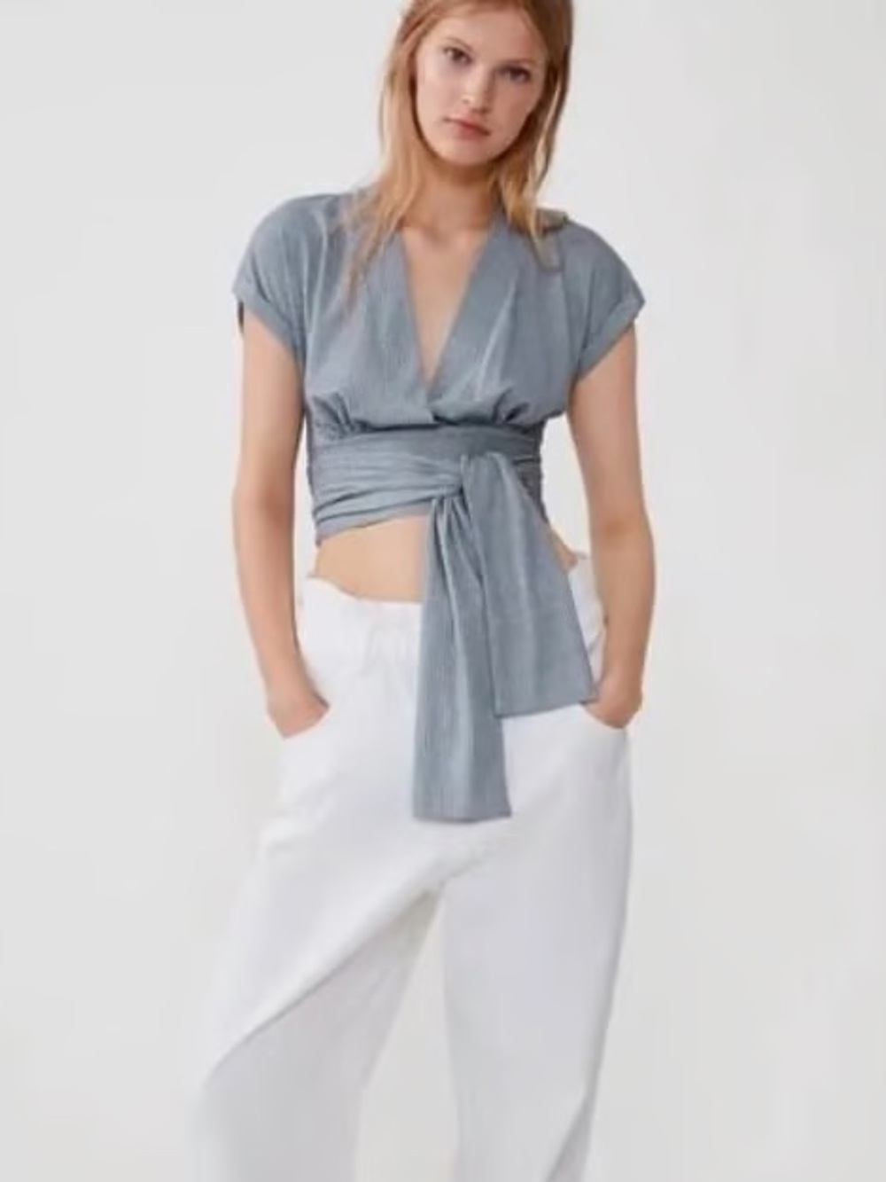 Zara silver shimmer Wrap Crop Top with Waist Tie small
